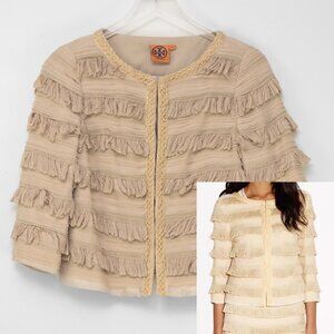Tory Burch Julian Fringe Jacket Statement Coat Evening Silk Khaki Nude Size 2